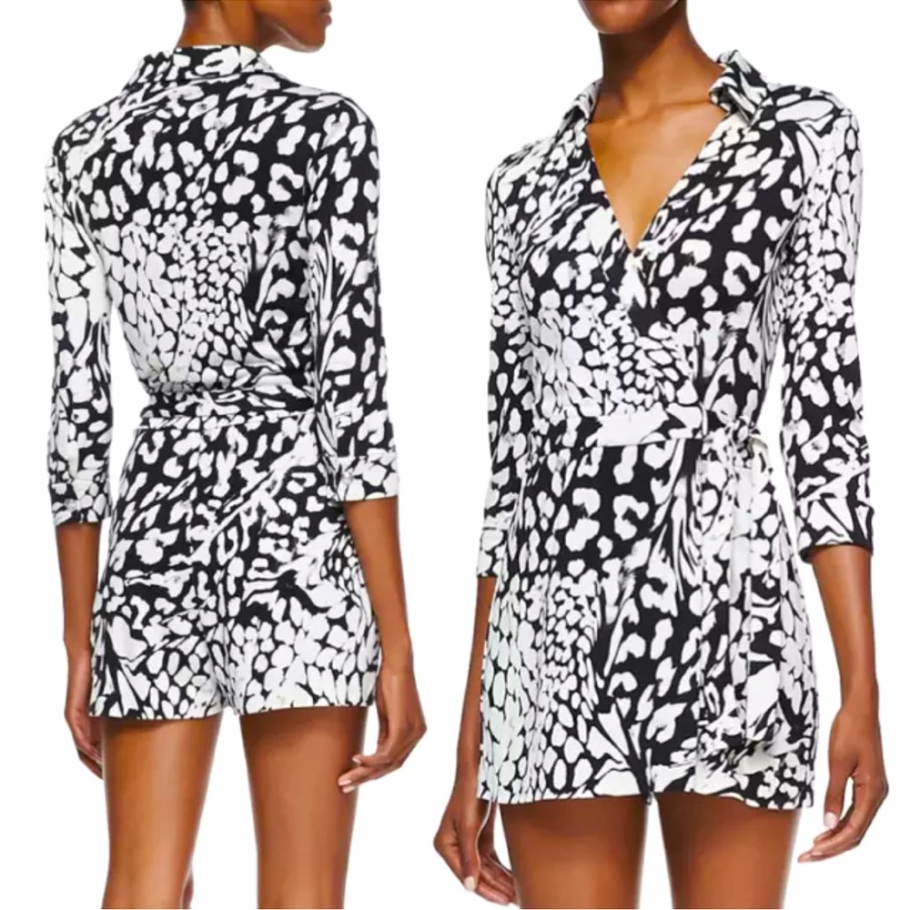 NWT DVF Romper Celeste Feather Leopard 100% Silk Jersey 3/4 Sleeve Size 12 Mono